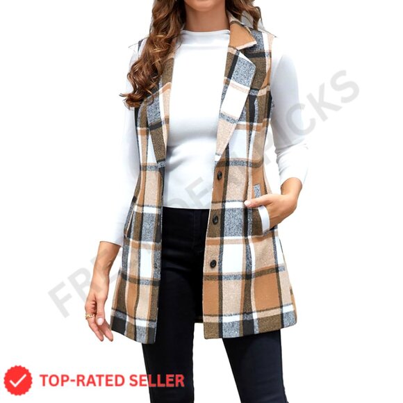 Wool Plaid Vest Sleeveless Blazer Jacket Classic Chic Slim Fit Fall Winter